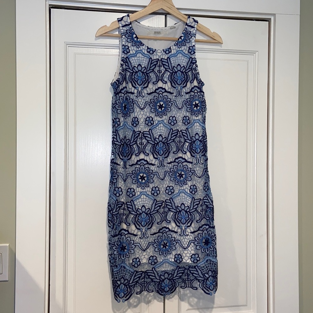 Crochet Blue/White GUESS dress with crochet lace overlay Sz XS